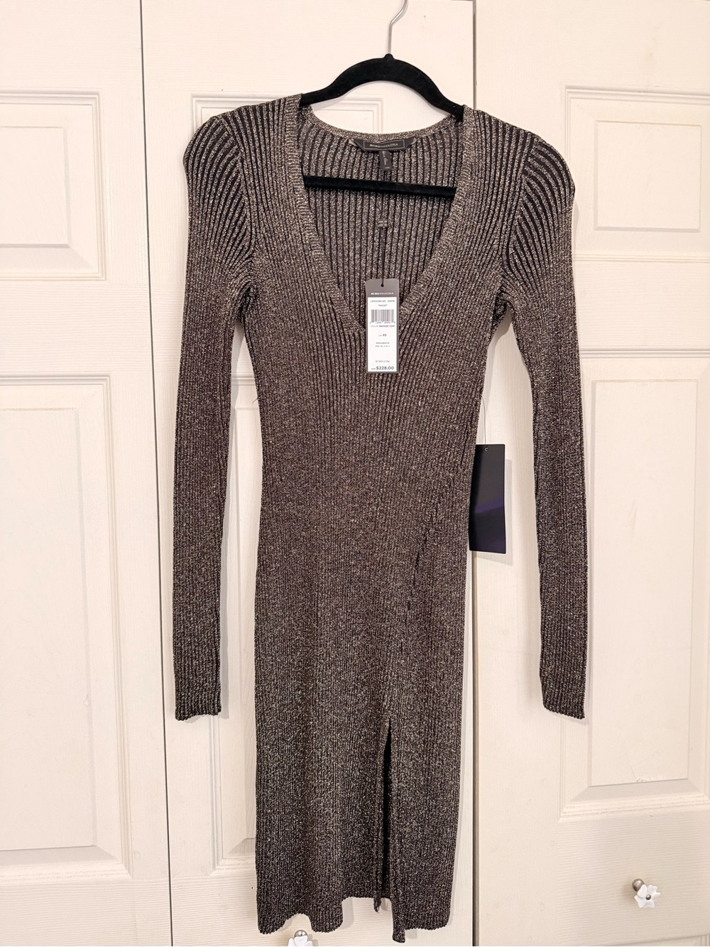 BCBGMaxAzria Metallic Bronze Ribbed V-Neck Long Sleeve Dress